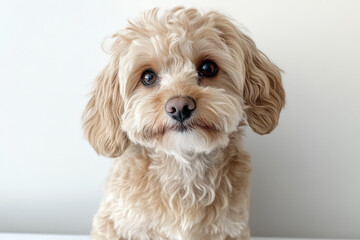 Cockapoo puppy with curly fur, looking friendly on a clean white background
