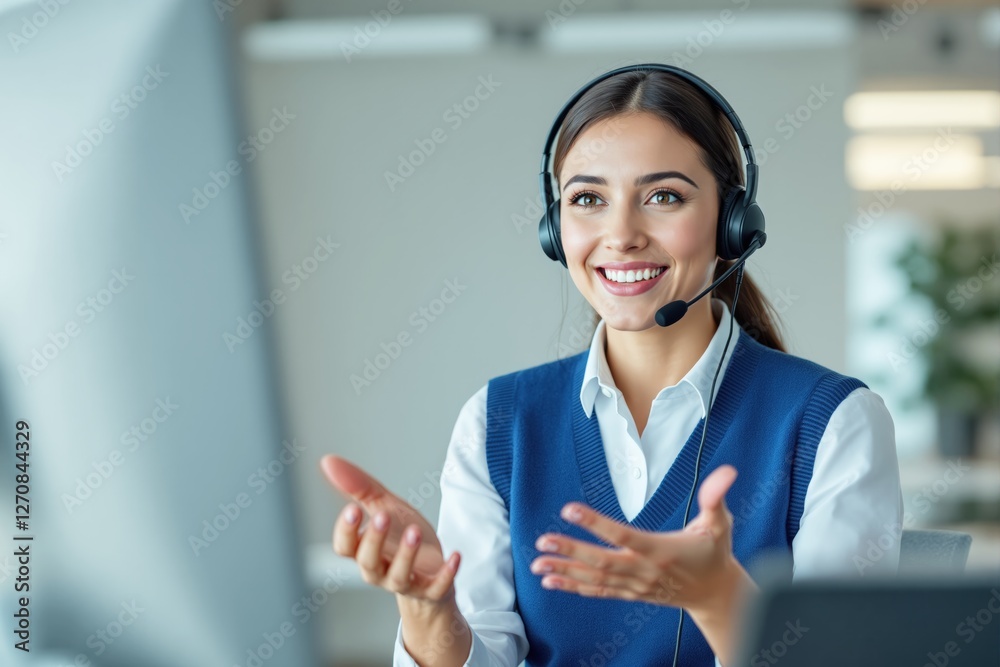 Poster smiling customer service representative wearing a headset in a professional office environment.