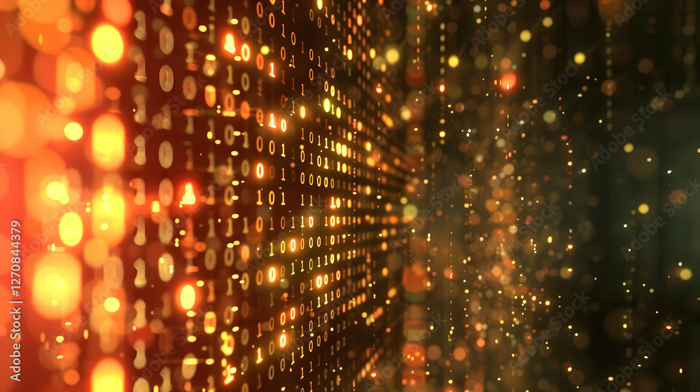 Poster Abstract digital background featuring glowing binary code and shimmering particles in motion