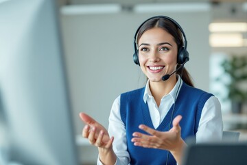 Smiling customer service representative wearing a headset in a professional office environment.