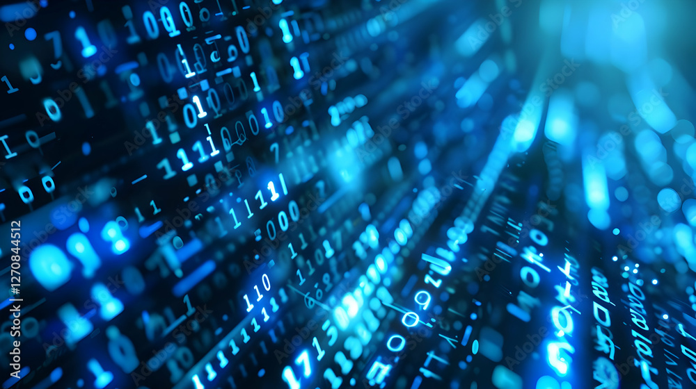 Poster abstract representation of flowing binary data in a digital environment with glowing effects