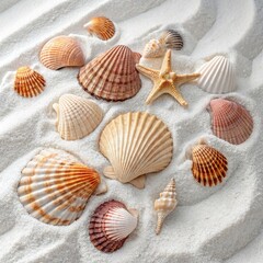 Seashell Collection Display Sandy Beach Nature Photography Coastal Environment Overhead View Marine Life Inspiration