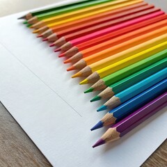 Fototapeta premium Colorful Pencils Arranged in Rainbow Order on White Paper Art Supplies Creative Workspace Close-Up View Inspiration for Artists