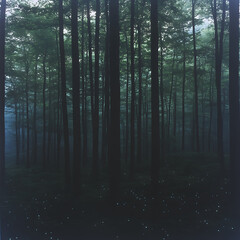 Fototapeta premium Tranquil Forest at Twilight with Luminescent Glowing Spots on the Ground in a Dreamlike Scene