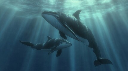 Naklejka premium Two graceful dolphins swimming together in vibrant ocean waters under a warm sunset glow