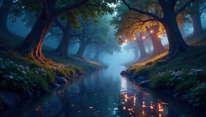 River of stars flows beneath a canopy of luminescent leaves, mystical, nocturnal