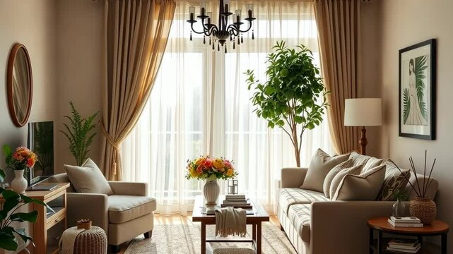 Elegant living room with bright natural light and stylish decor for a relaxing atmosphere