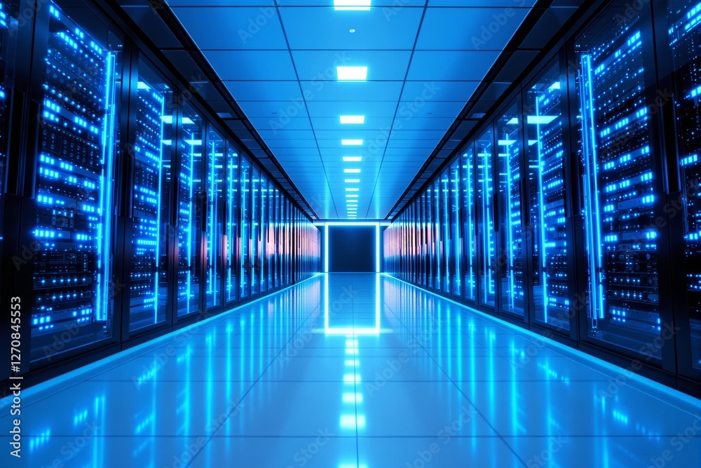 Poster futuristic data center with glowing blue server racks in a symmetrical hallway.