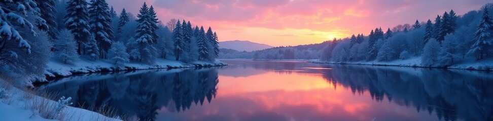 Fototapeta premium River and snow covered trees reflected in the stillness of dusk, river, natural, calm scene