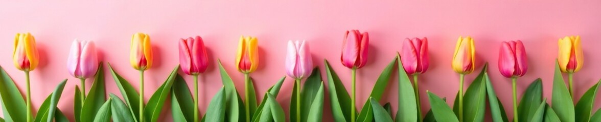 Fototapeta premium Spring tulip bouquet on a bed of lush green foliage against soft pink backdrop, bloom, garden