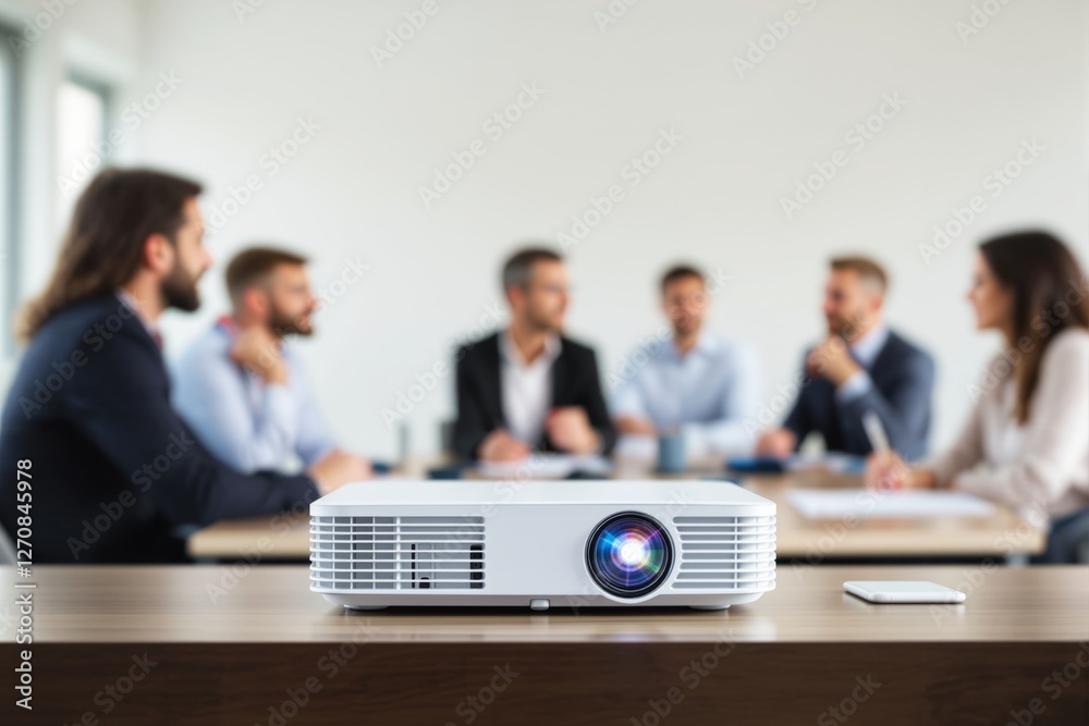 Poster projector on a wooden table with a blurred team meeting in the background.