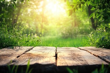 Sunny park wood table, green background, product display