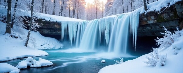 Snowy forest landscape with a frozen waterfall and icicles hanging down, frosty, serene