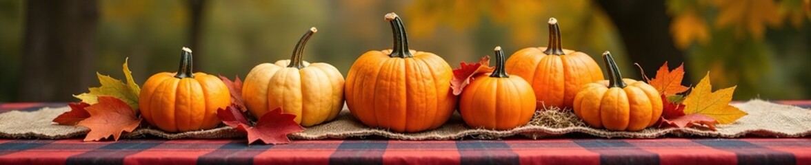 Fall gourds and pumpkins on a plaid tablecloth with a burlap runner and hay bales, gourd centerpieces, fall foliage