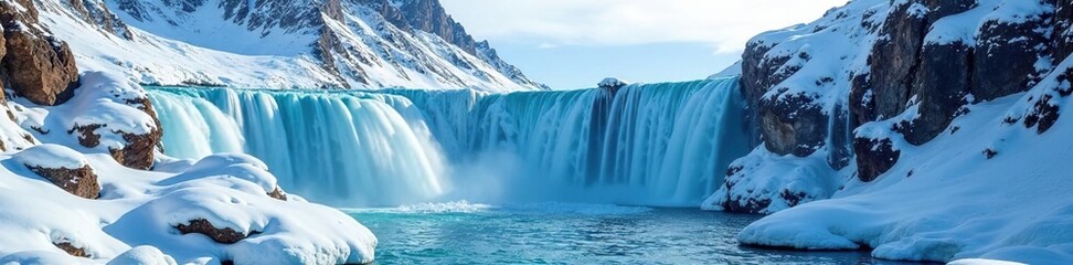 Frozen waterfall cascading down snow-clad mountain slopes, Landscape, Frozen, Mountain