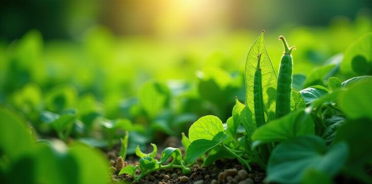 green runner beans growing in a lush field with sunlight filtering through, garden, runnerbeans