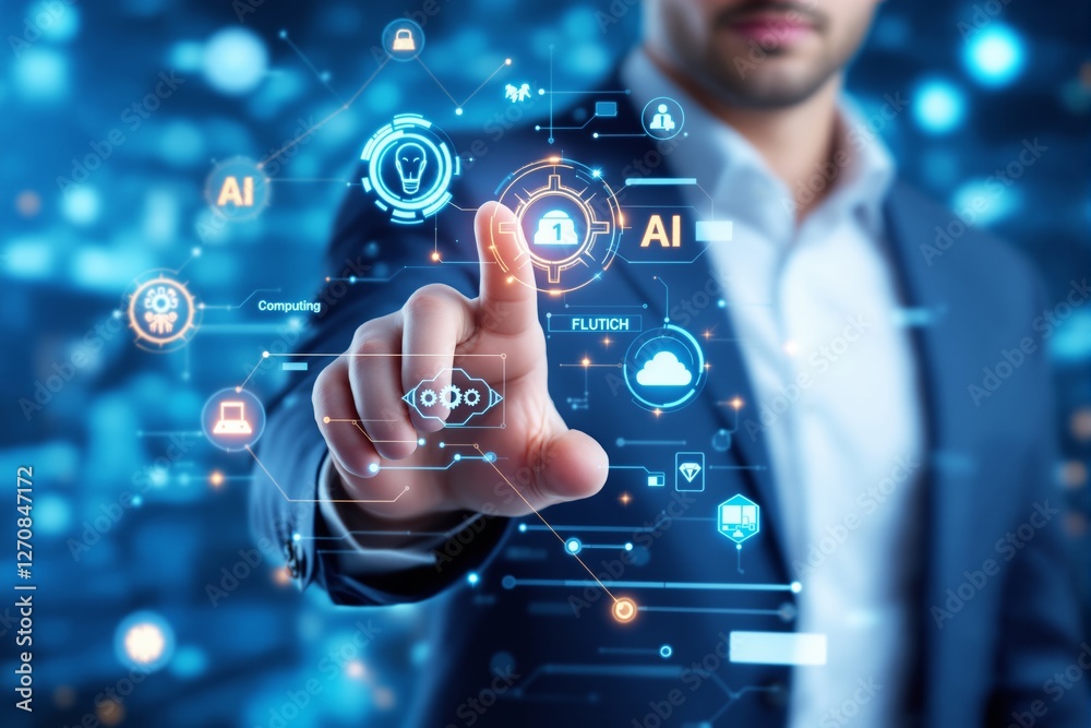 Poster businessman interacting with futuristic ai interface on digital background.