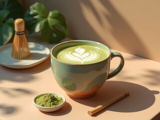 A professional product photography shot of a beautifully whisked matcha latte served in a rustic ceramic cup, captured from waist up with the subject centered in the frame.