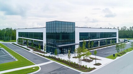 Modern White and Black Office Building Exterior with Parking Lot