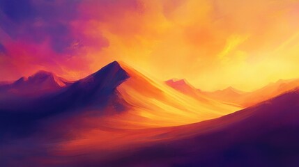 Vivid peaks under fire skies a stylized panorama of painted mountains