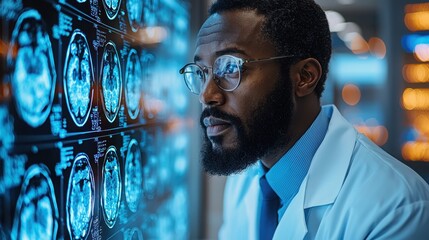 A focused African American male doctor reviews medical imaging data displayed on screens, showcasing professionalism and advanced technology in healthcare.