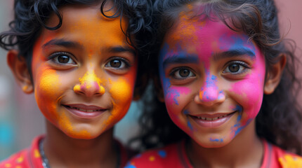 Obraz premium Cute Indian kids girl and boy with colorful Holi powder on face