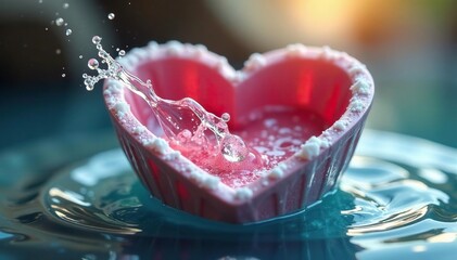 Water splashing in a shallow heart-shaped container, container, water