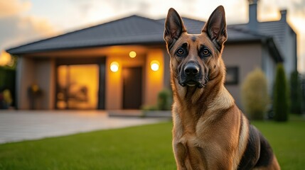 Obraz premium powerful guard dog standing in front of a secure, well lit suburban home at dusk