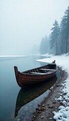 Wooden boat partially submerged in frozen river, riverside scenery, misty sky, dry riverbed