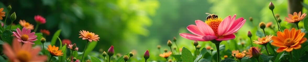 Exotic flowers bloom amidst the lush green vegetation of an oasis, bee, natural scenery