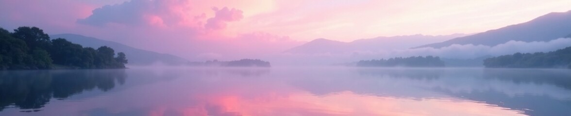 Obraz premium Pink misty cloud gently settles on calm lake surface with reflection, lake, gentle
