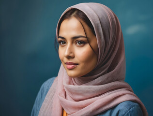 Fototapeta premium Portrait of a arabic woman wearing a Hijab a delicate headscarf with a serene expression against a blue background