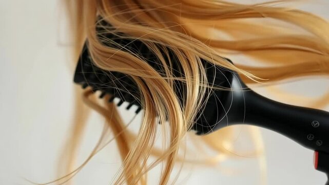 Styling long golden hair with a heated brush in a bright indoor setting