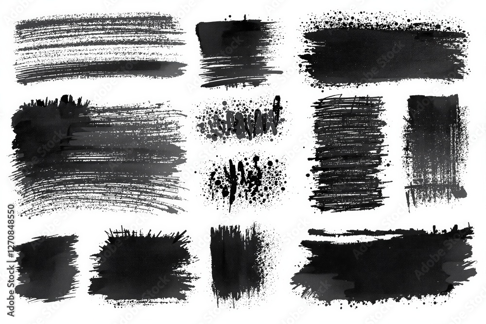 Poster Abstract black ink brush strokes and splatter patterns on a white background.