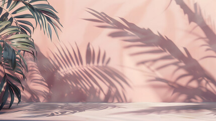 Serene indoor scene featuring tropical plant shadows on a soft pink wall, evoking tranquility