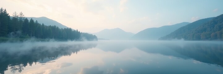 Faint wisps of mist hover above a calm lake surface, soft, lake