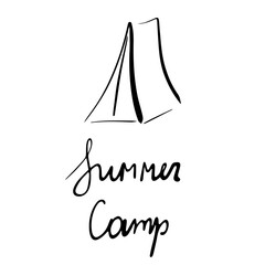 Minimalist Hand-Drawn Summer Camp Tent Illustration with Elegant Calligraphy on White Background
