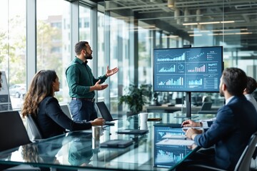 Business presentation in modern office with team analyzing data on a large screen.