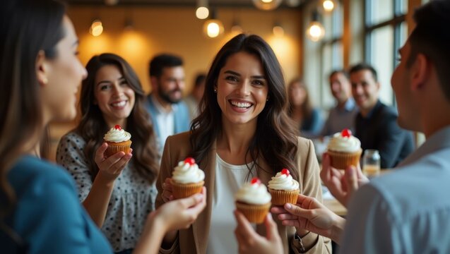Woman is holding cupcake and smiling while others are eating