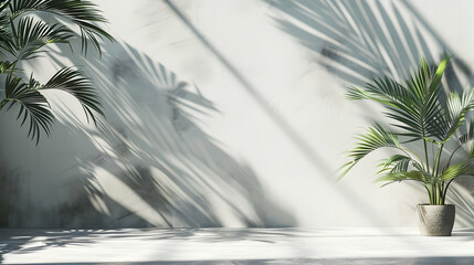 Lush green plants casting intricate shadows on a minimalist white wall in a serene indoor setting