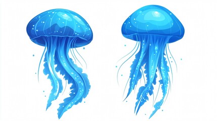 Electric Blue Glowing Jellyfish Cliparts Over White Background