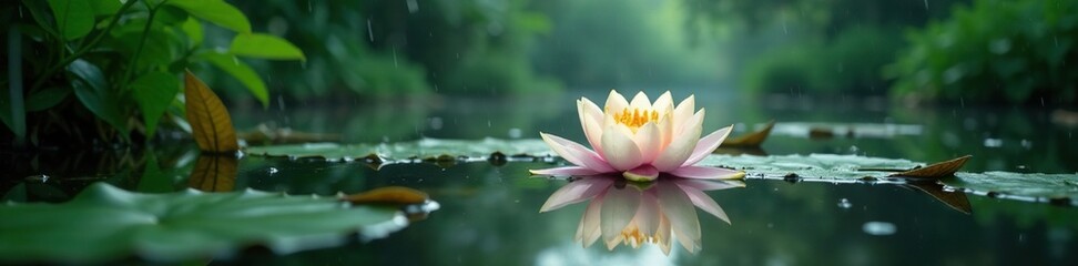 Rain falls onto a still pond with water lilies and leaves, rain, nature