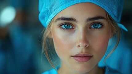 A close-up portrait of a young female doctor wearing surgical attire and a cap, with striking blue eyes and a calm expression, captured in a clinical setting.