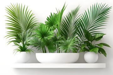 Obraz premium Tropical plants shelf, white wall, minimalist decor, home interior design