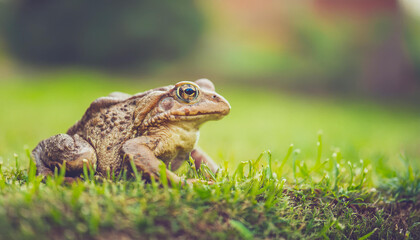 Obraz premium Small frog on green grass in garden. Amphibia and animal concept.