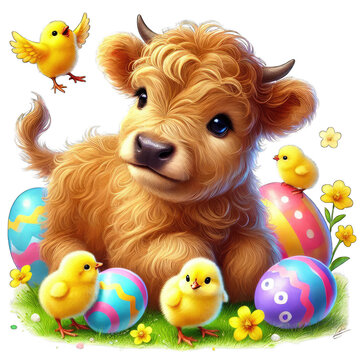 Cute calf with chicks and Easter eggs in a colorful spring scene.