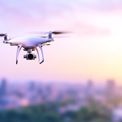 Unmanned Aerial Vehicle Over Urban Scenery at Dusk