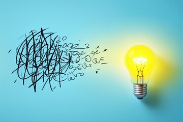 Transition from chaos to bright idea with scribbles transforming into a glowing light bulb on a blue background.