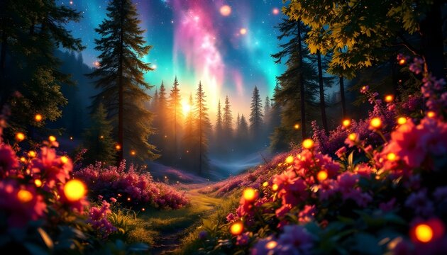 Solar particles and cosmic choreography creating a celestial marvel in the night sky sith stars, dazzling aurora light display between the view of dense forest, generated with ai