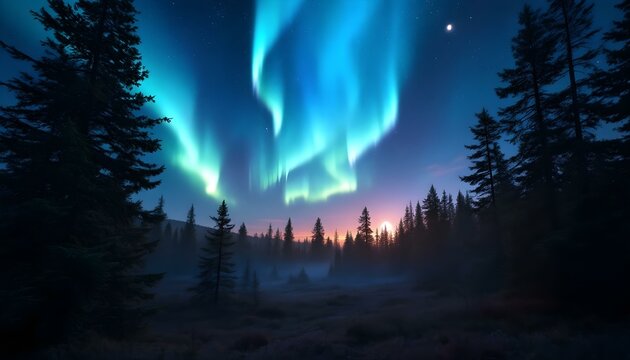 Solar particles and cosmic choreography creating a celestial marvel in the night sky sith stars, dazzling aurora light display between the view of dense forest, generated with ai